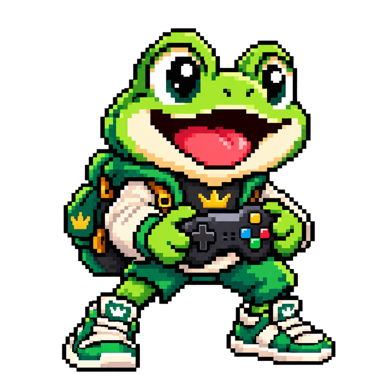 The Degen Arcade gamer frog mascot